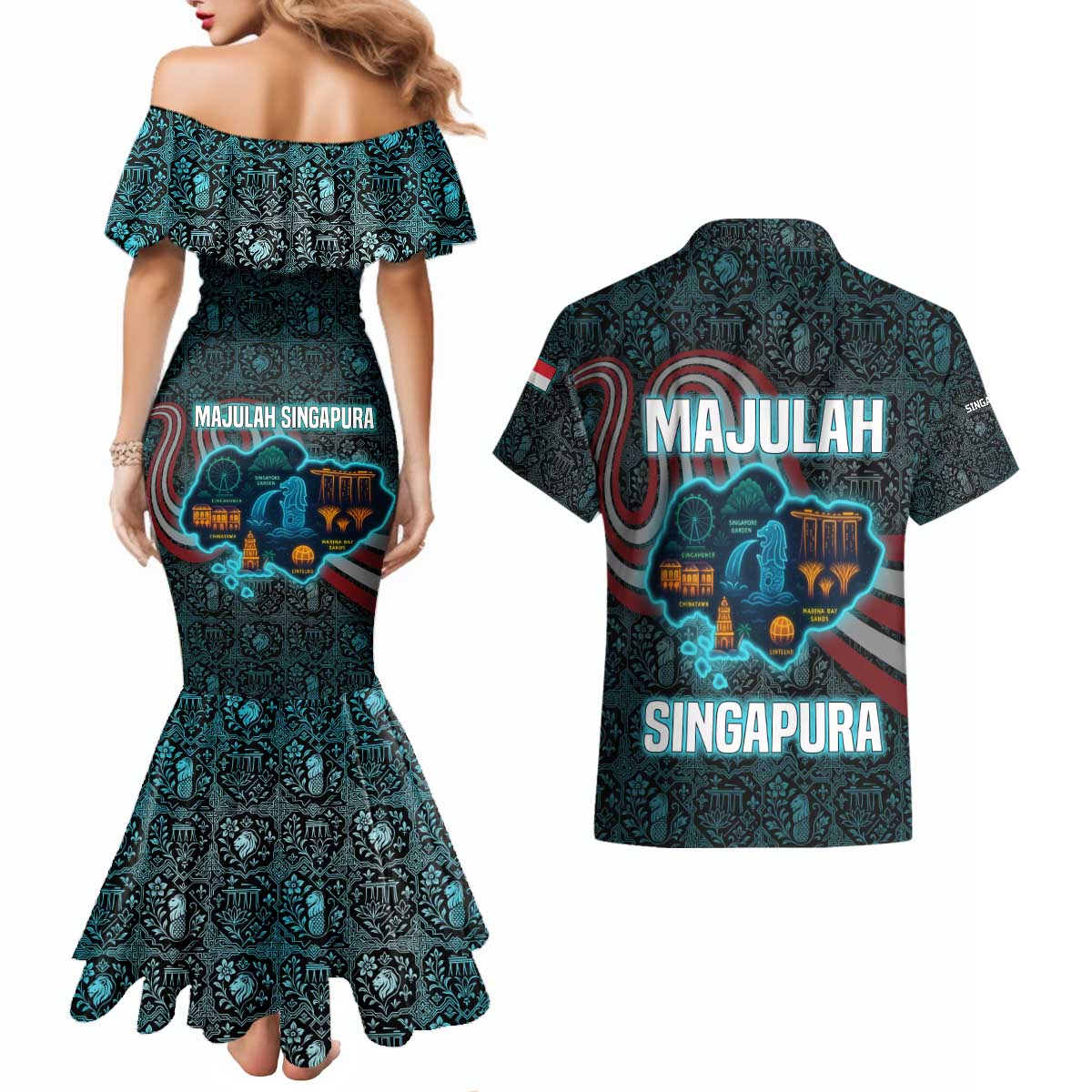 Singapore Couples Matching Mermaid Dress and Hawaiian Shirt with National Icons and Majulah Singapura Script