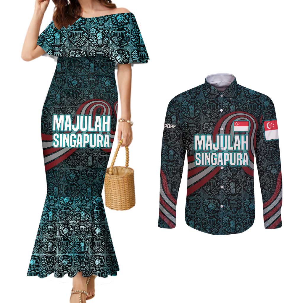 Singapore Couples Matching Mermaid Dress and Long Sleeve Button Shirt with National Icons and Majulah Singapura Script
