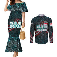 Singapore Couples Matching Mermaid Dress and Long Sleeve Button Shirt with National Icons and Majulah Singapura Script