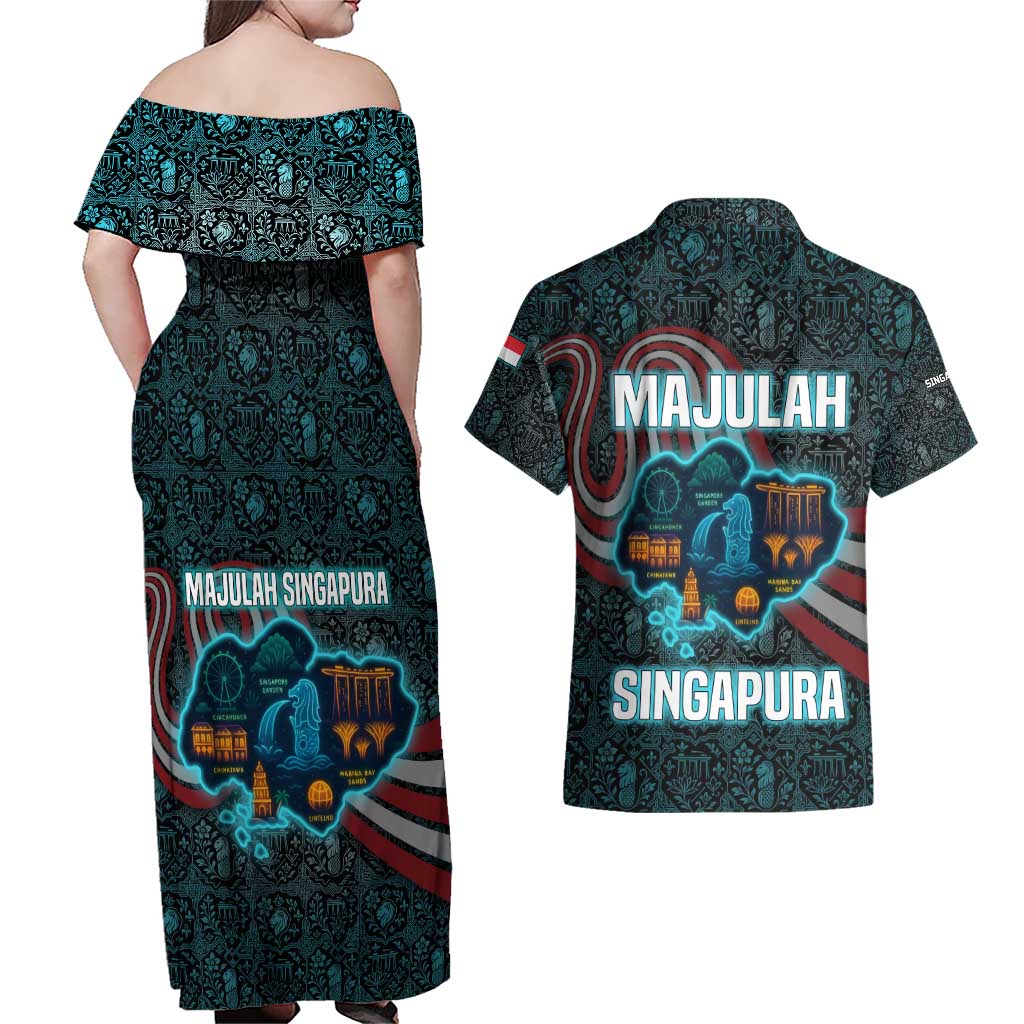 Singapore Couples Matching Off Shoulder Maxi Dress and Hawaiian Shirt with National Icons and Majulah Singapura Script