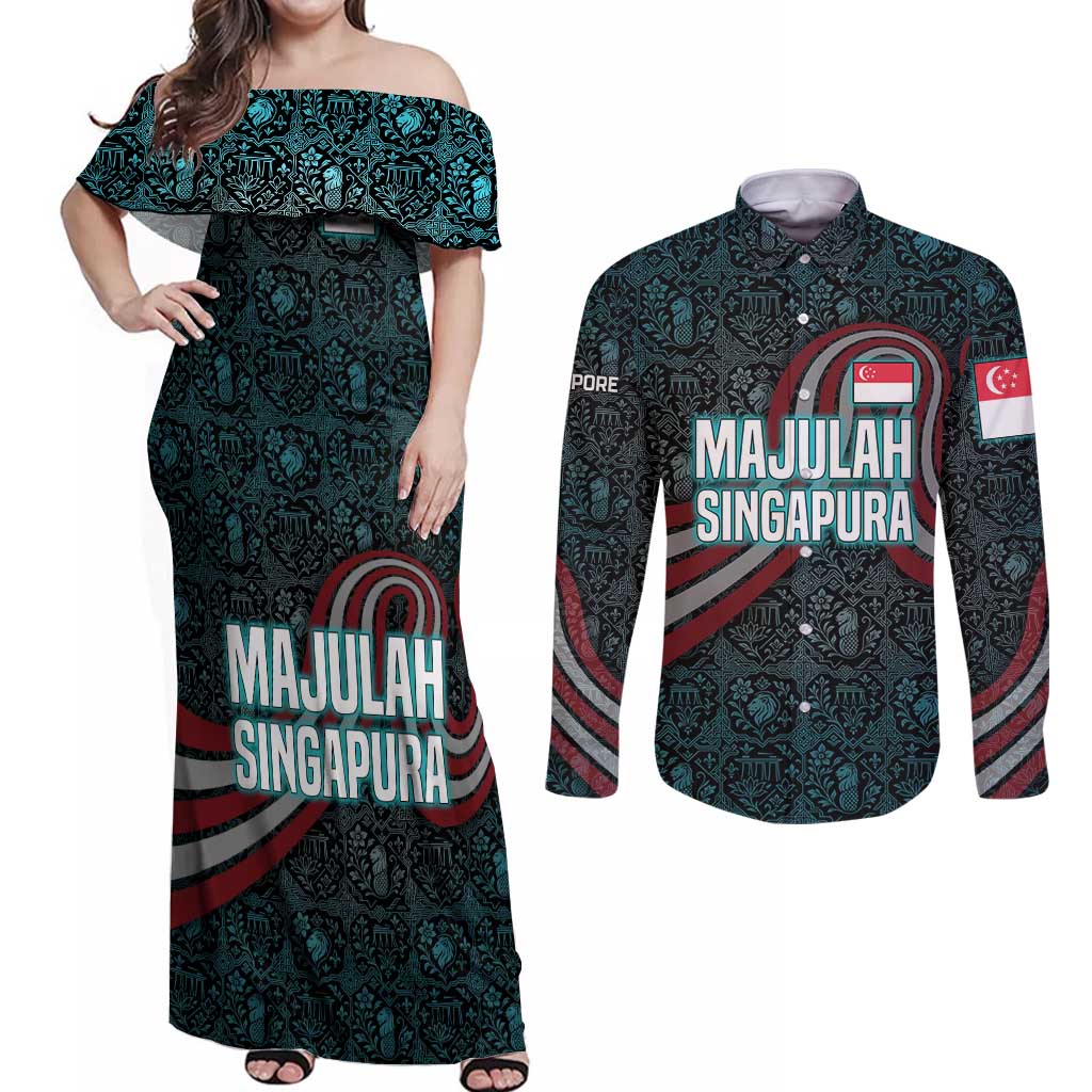 Singapore Couples Matching Off Shoulder Maxi Dress and Long Sleeve Button Shirt with National Icons and Majulah Singapura Script