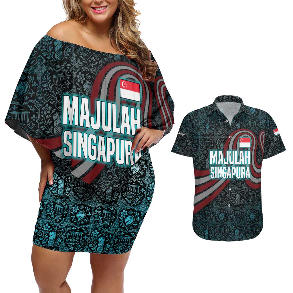 Singapore Couples Matching Off Shoulder Short Dress and Hawaiian Shirt with National Icons and Majulah Singapura Script