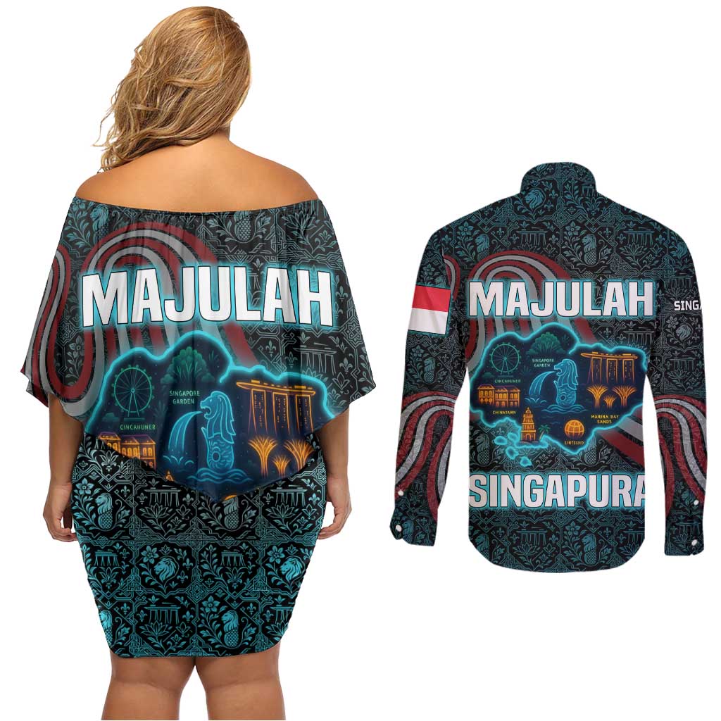 Singapore Couples Matching Off Shoulder Short Dress and Long Sleeve Button Shirt with National Icons and Majulah Singapura Script