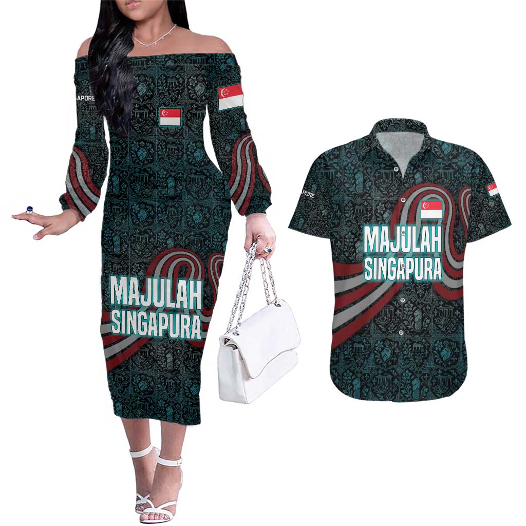 Singapore Couples Matching Off The Shoulder Long Sleeve Dress and Hawaiian Shirt with National Icons and Majulah Singapura Script
