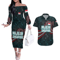 Singapore Couples Matching Off The Shoulder Long Sleeve Dress and Hawaiian Shirt with National Icons and Majulah Singapura Script