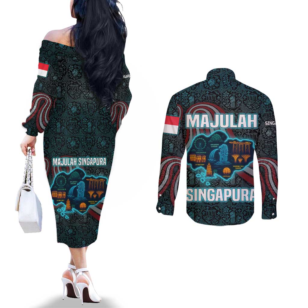 Singapore Couples Matching Off The Shoulder Long Sleeve Dress and Long Sleeve Button Shirt with National Icons and Majulah Singapura Script