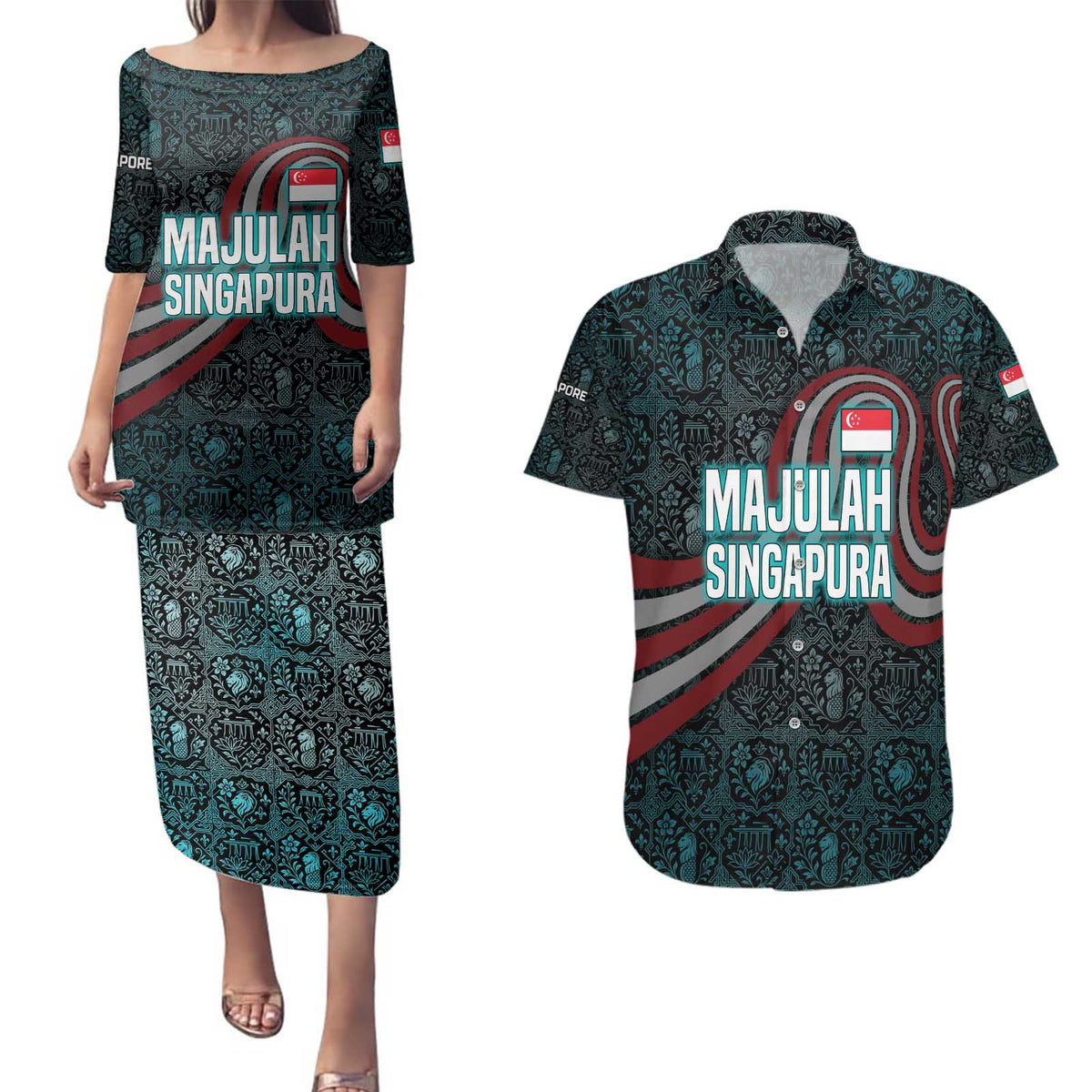 Singapore Couples Matching Puletasi and Hawaiian Shirt with National Icons and Majulah Singapura Script