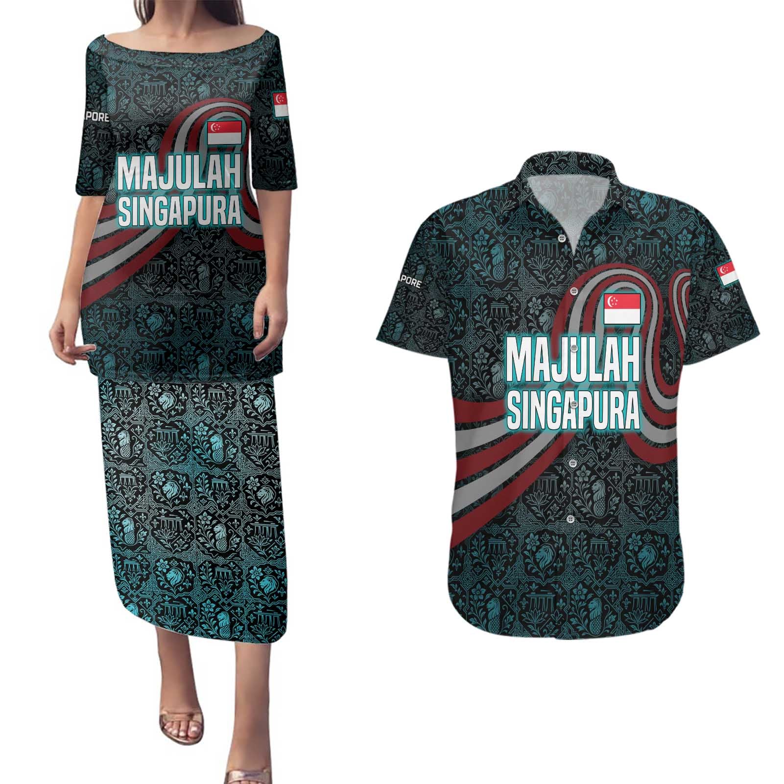 Singapore Couples Matching Puletasi and Hawaiian Shirt with National Icons and Majulah Singapura Script
