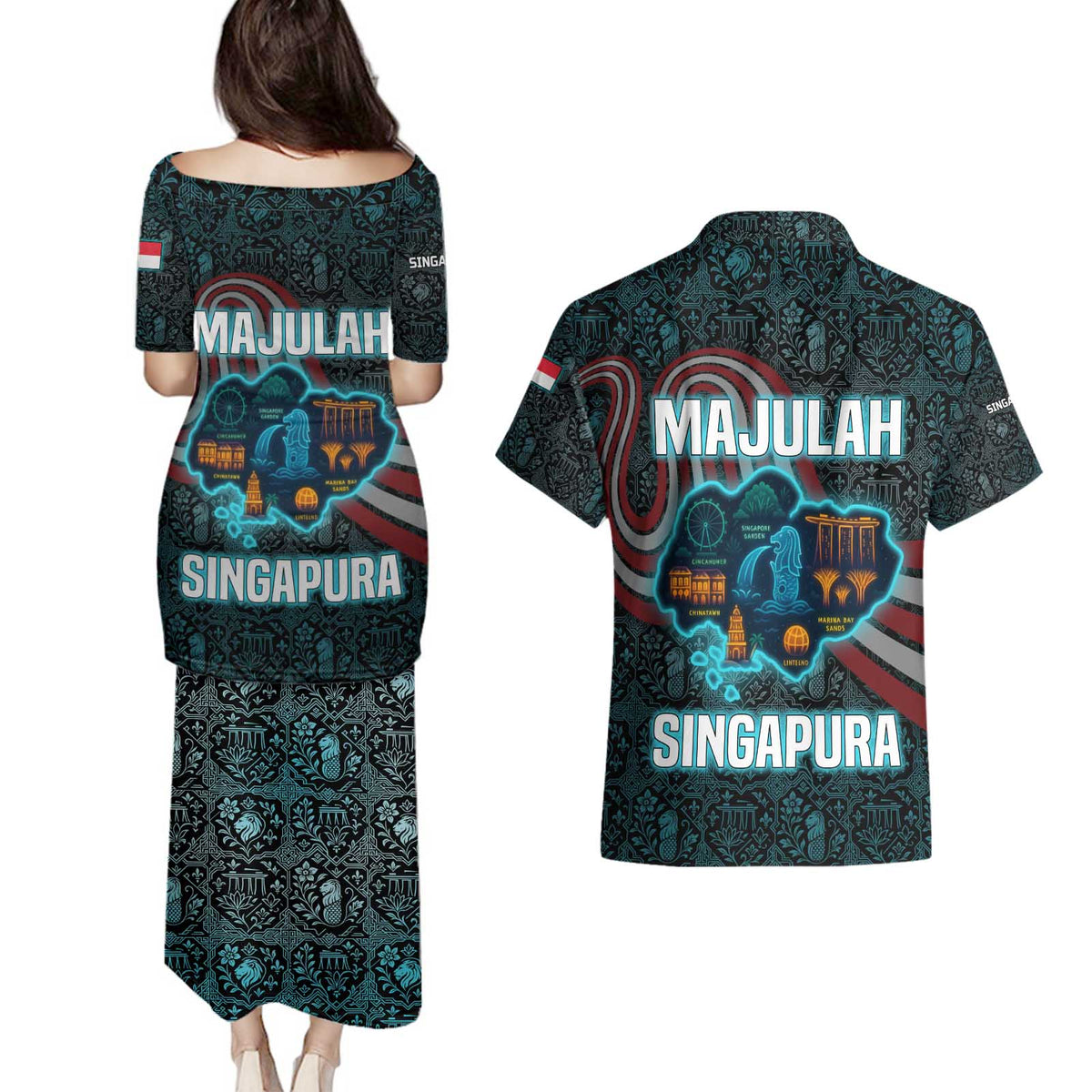 Singapore Couples Matching Puletasi and Hawaiian Shirt with National Icons and Majulah Singapura Script