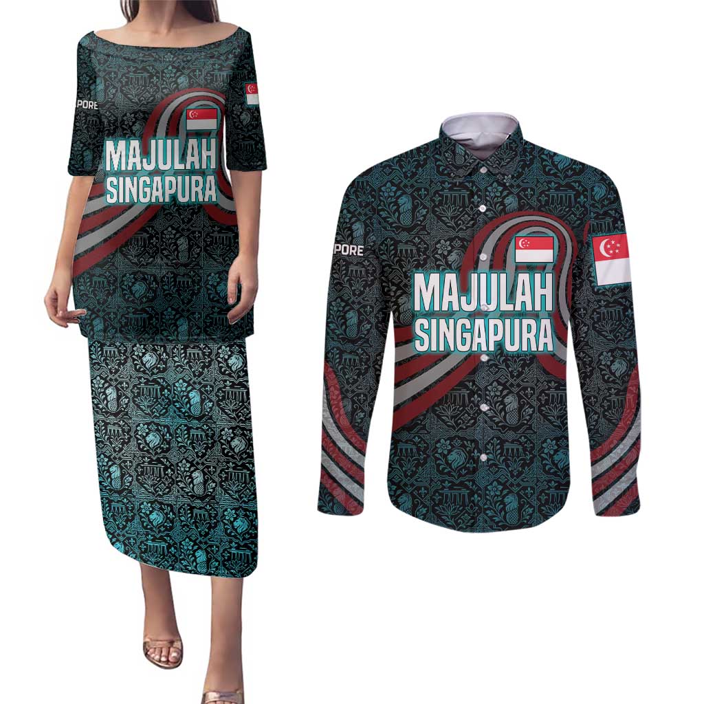 Singapore Couples Matching Puletasi and Long Sleeve Button Shirt with National Icons and Majulah Singapura Script