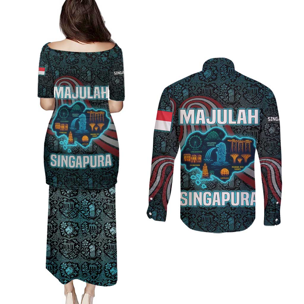 Singapore Couples Matching Puletasi and Long Sleeve Button Shirt with National Icons and Majulah Singapura Script