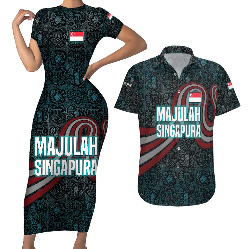 Singapore Couples Matching Short Sleeve Bodycon Dress and Hawaiian Shirt with National Icons and Majulah Singapura Script