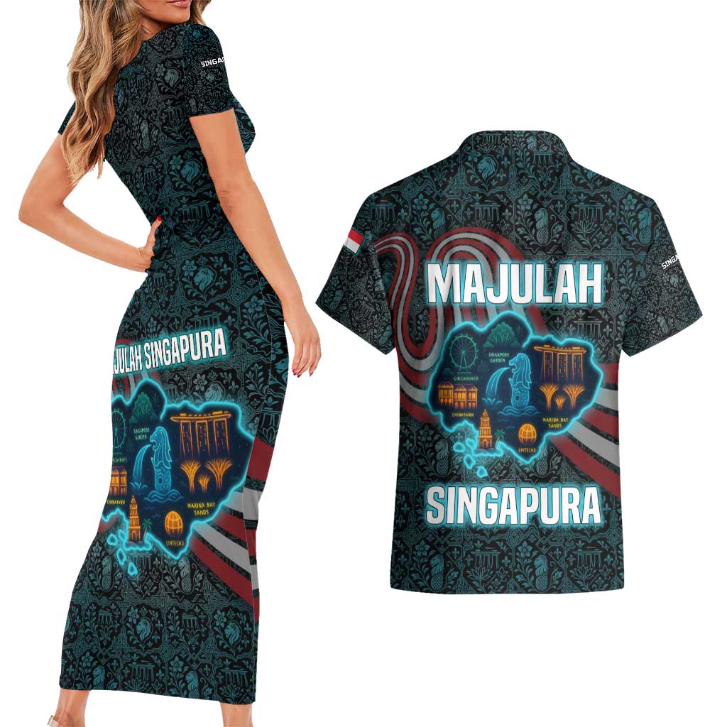 Singapore Couples Matching Short Sleeve Bodycon Dress and Hawaiian Shirt with National Icons and Majulah Singapura Script