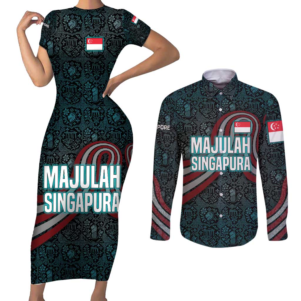 Singapore Couples Matching Short Sleeve Bodycon Dress and Long Sleeve Button Shirt with National Icons and Majulah Singapura Script