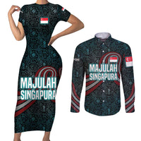 Singapore Couples Matching Short Sleeve Bodycon Dress and Long Sleeve Button Shirt with National Icons and Majulah Singapura Script