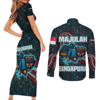 Singapore Couples Matching Short Sleeve Bodycon Dress and Long Sleeve Button Shirt with National Icons and Majulah Singapura Script