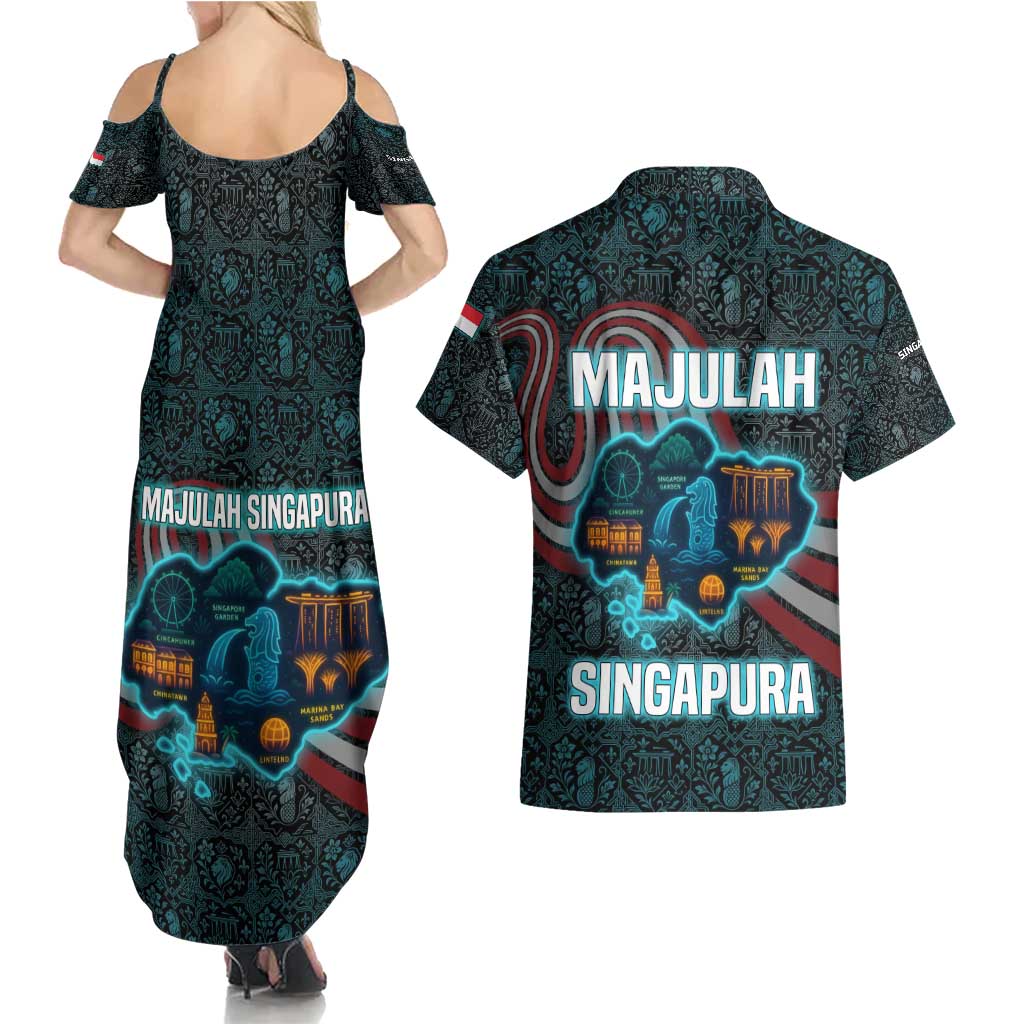Singapore Couples Matching Summer Maxi Dress and Hawaiian Shirt with National Icons and Majulah Singapura Script