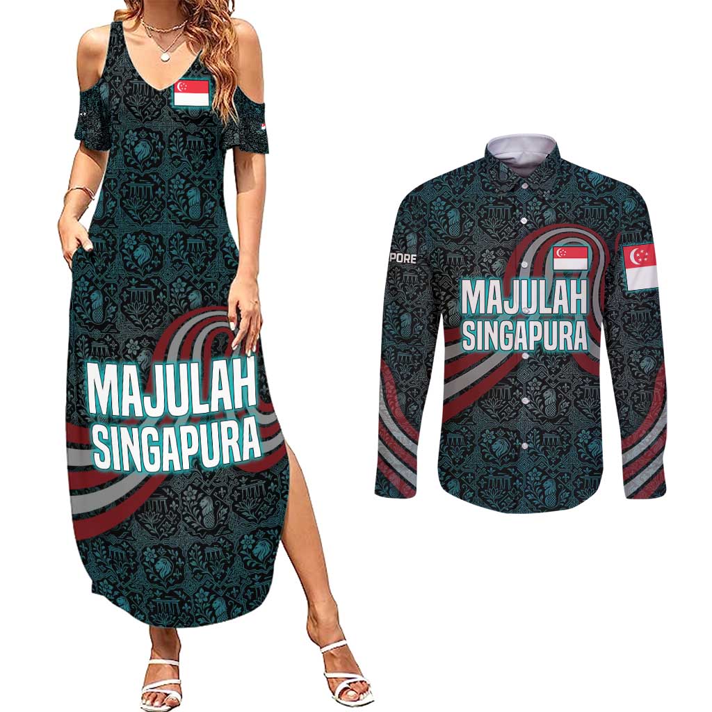 Singapore Couples Matching Summer Maxi Dress and Long Sleeve Button Shirt with National Icons and Majulah Singapura Script