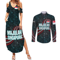 Singapore Couples Matching Summer Maxi Dress and Long Sleeve Button Shirt with National Icons and Majulah Singapura Script