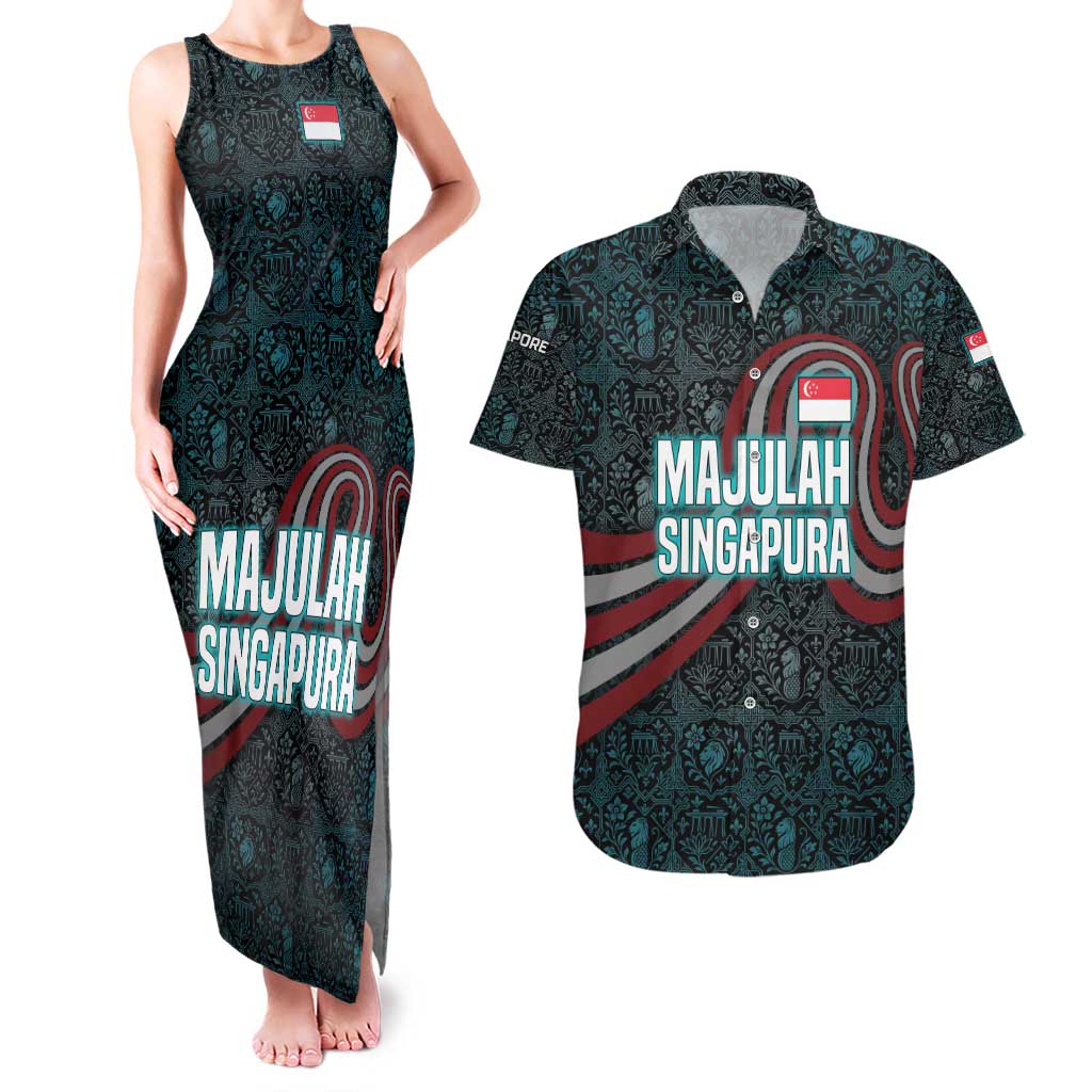 Singapore Couples Matching Tank Maxi Dress and Hawaiian Shirt with National Icons and Majulah Singapura Script