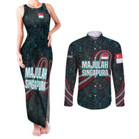 Singapore Couples Matching Tank Maxi Dress and Long Sleeve Button Shirt with National Icons and Majulah Singapura Script