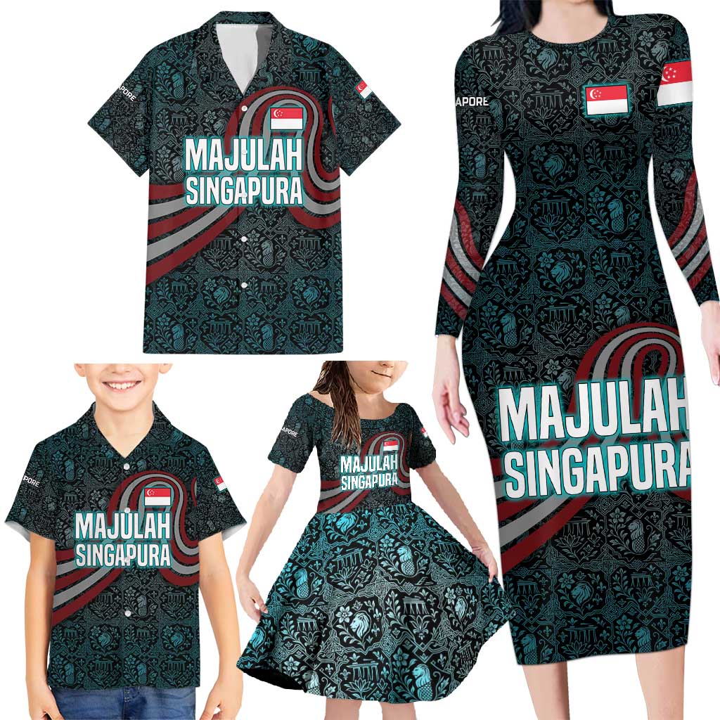 Singapore Family Matching Long Sleeve Bodycon Dress and Hawaiian Shirt with National Icons and Majulah Singapura Script