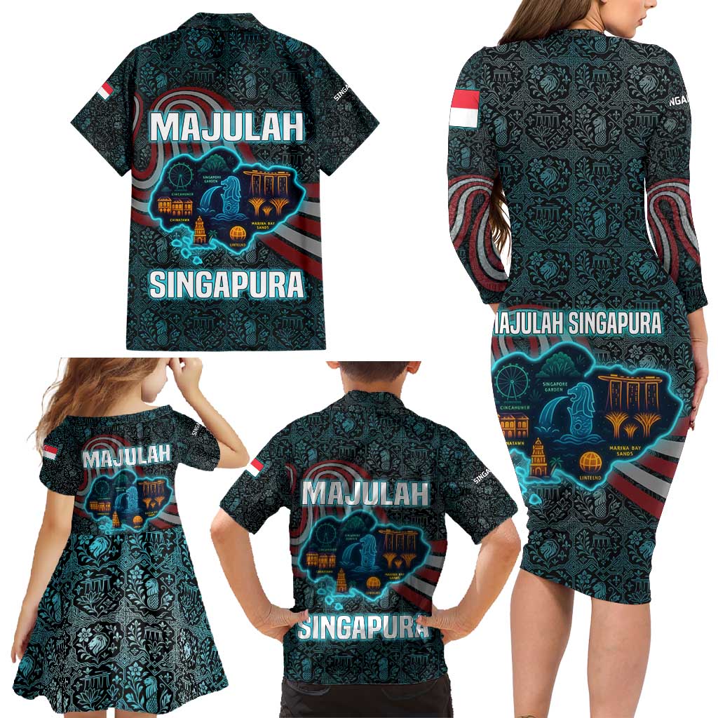 Singapore Family Matching Long Sleeve Bodycon Dress and Hawaiian Shirt with National Icons and Majulah Singapura Script