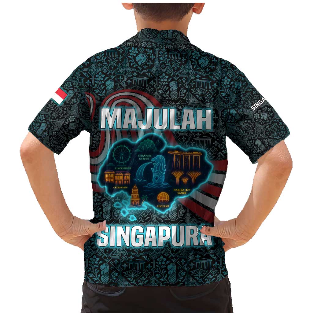 Singapore Family Matching Mermaid Dress and Hawaiian Shirt with National Icons and Majulah Singapura Script