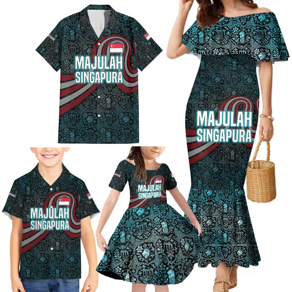 Singapore Family Matching Mermaid Dress and Hawaiian Shirt with National Icons and Majulah Singapura Script