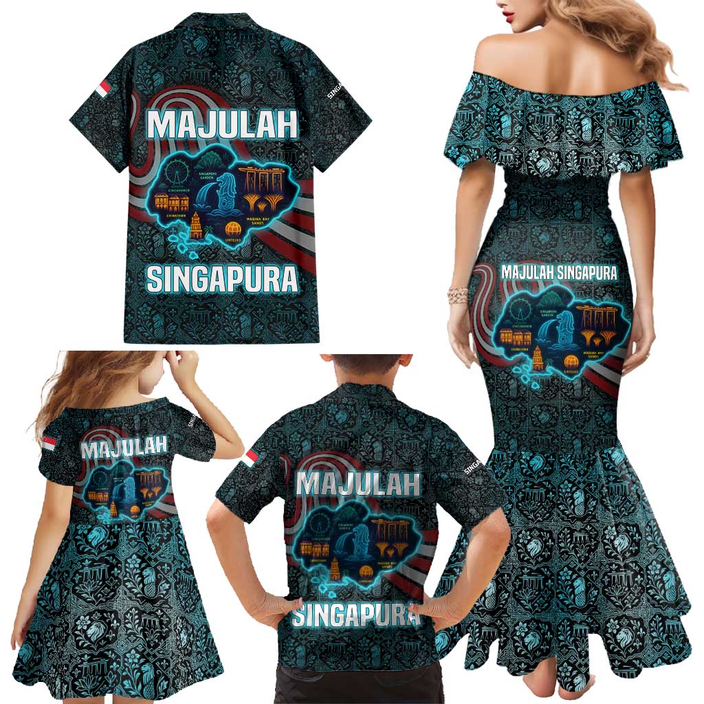 Singapore Family Matching Mermaid Dress and Hawaiian Shirt with National Icons and Majulah Singapura Script