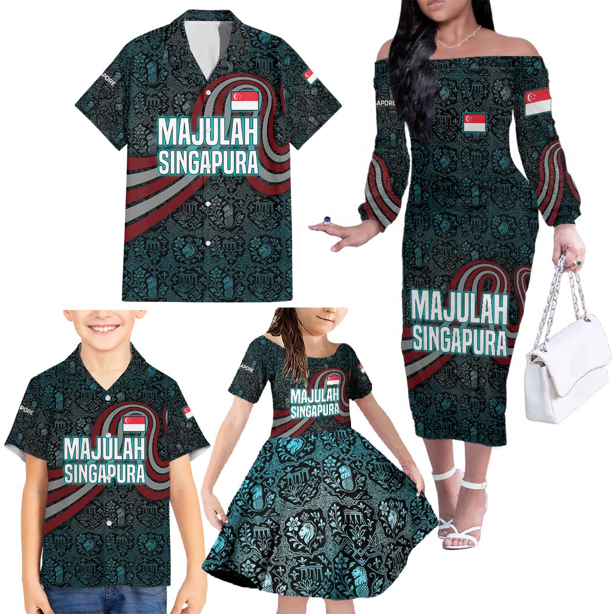 Singapore Family Matching Off The Shoulder Long Sleeve Dress and Hawaiian Shirt with National Icons and Majulah Singapura Script