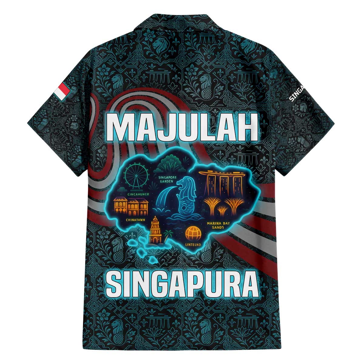 Singapore Family Matching Off The Shoulder Long Sleeve Dress and Hawaiian Shirt with National Icons and Majulah Singapura Script