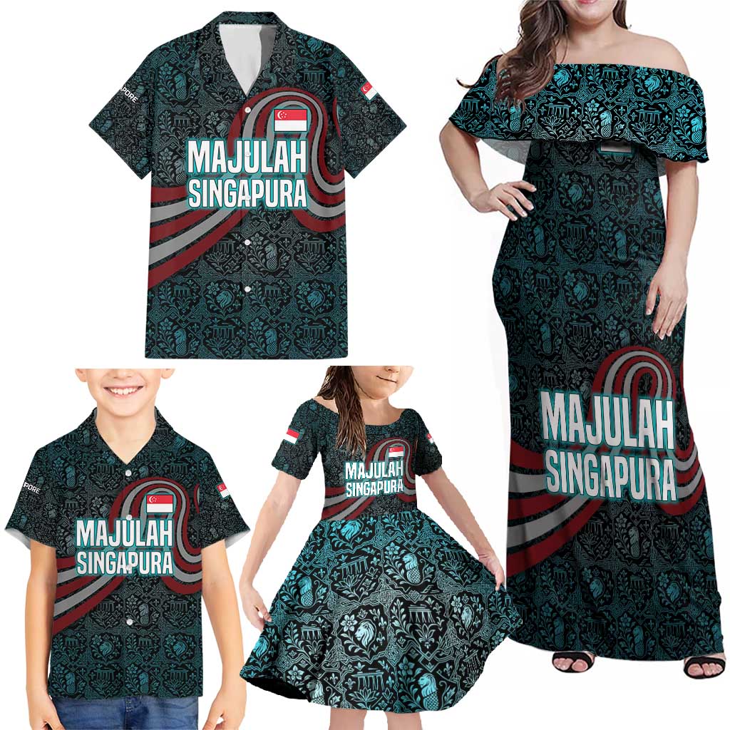 Singapore Family Matching Off Shoulder Maxi Dress and Hawaiian Shirt with National Icons and Majulah Singapura Script