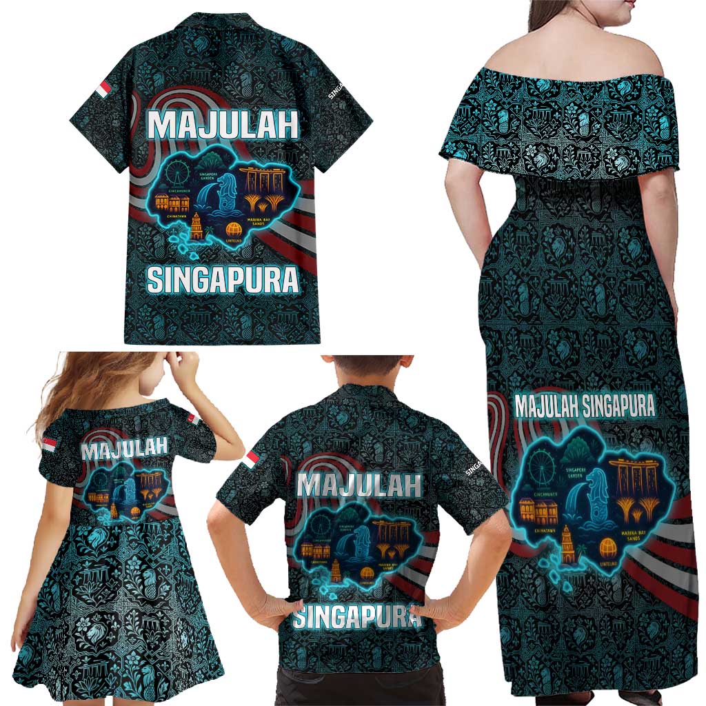 Singapore Family Matching Off Shoulder Maxi Dress and Hawaiian Shirt with National Icons and Majulah Singapura Script