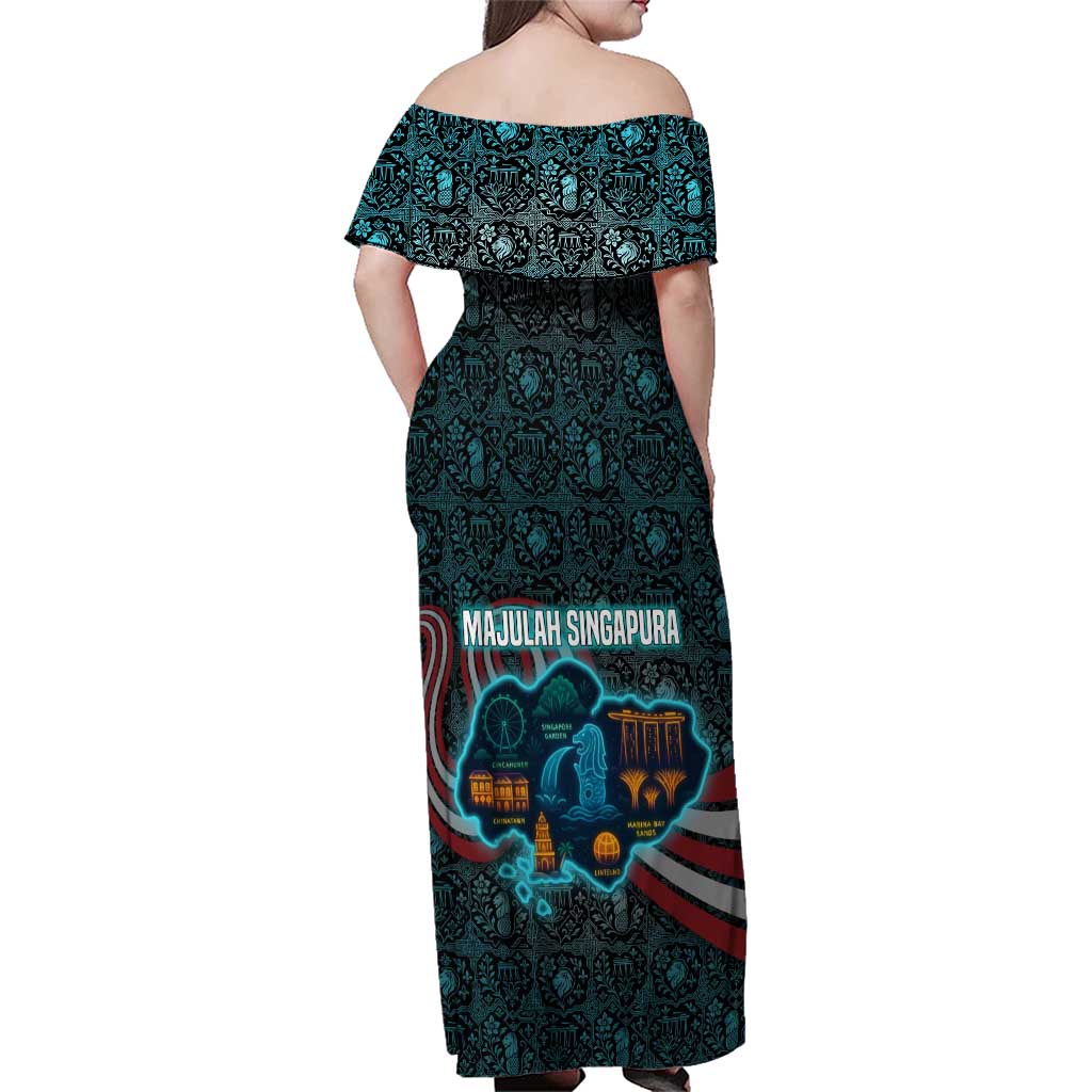 Singapore Family Matching Off Shoulder Maxi Dress and Hawaiian Shirt with National Icons and Majulah Singapura Script