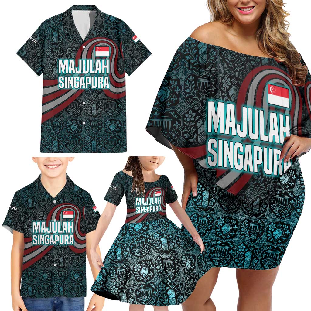Singapore Family Matching Off Shoulder Short Dress and Hawaiian Shirt with National Icons and Majulah Singapura Script
