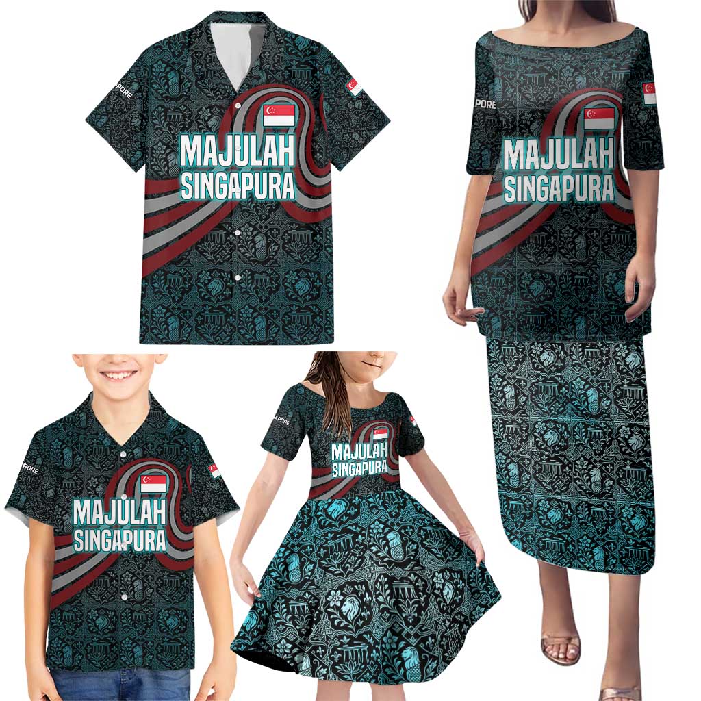 Singapore Family Matching Puletasi and Hawaiian Shirt with National Icons and Majulah Singapura Script