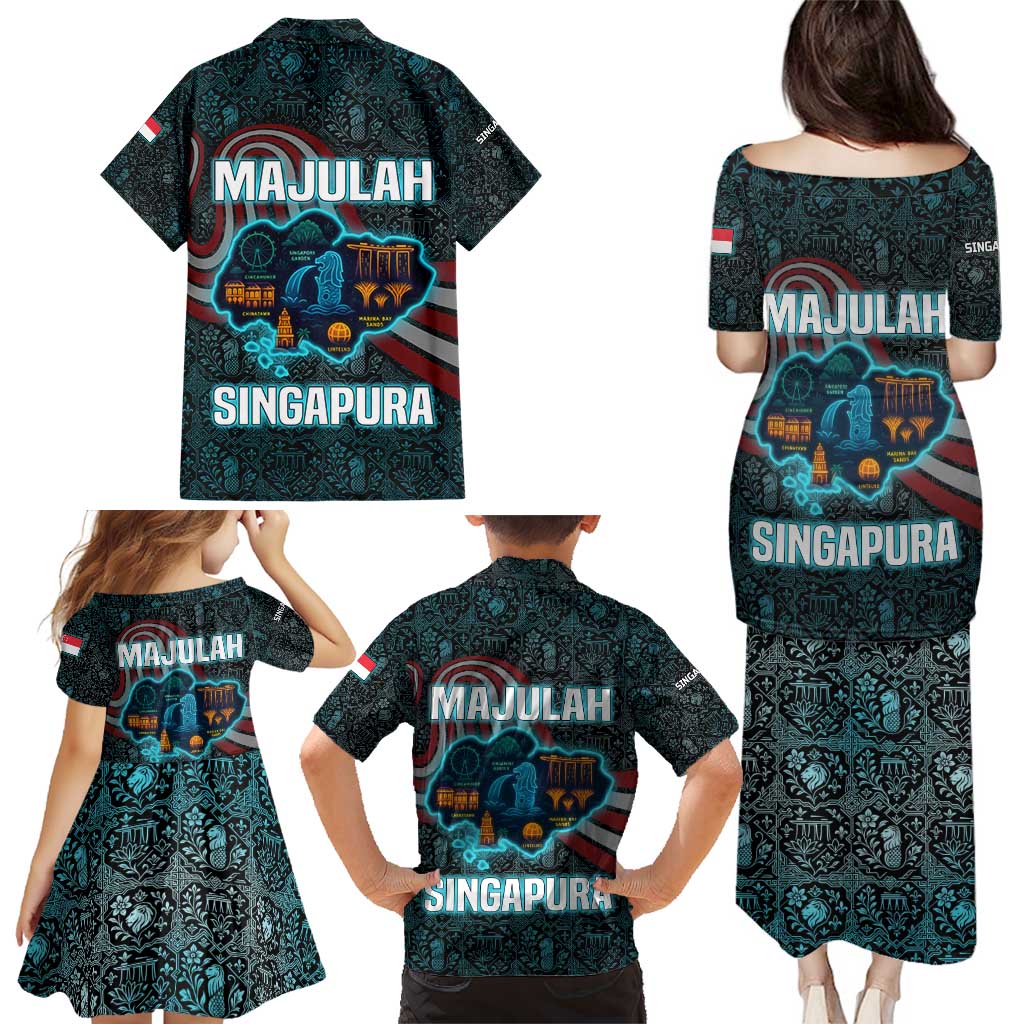 Singapore Family Matching Puletasi and Hawaiian Shirt with National Icons and Majulah Singapura Script