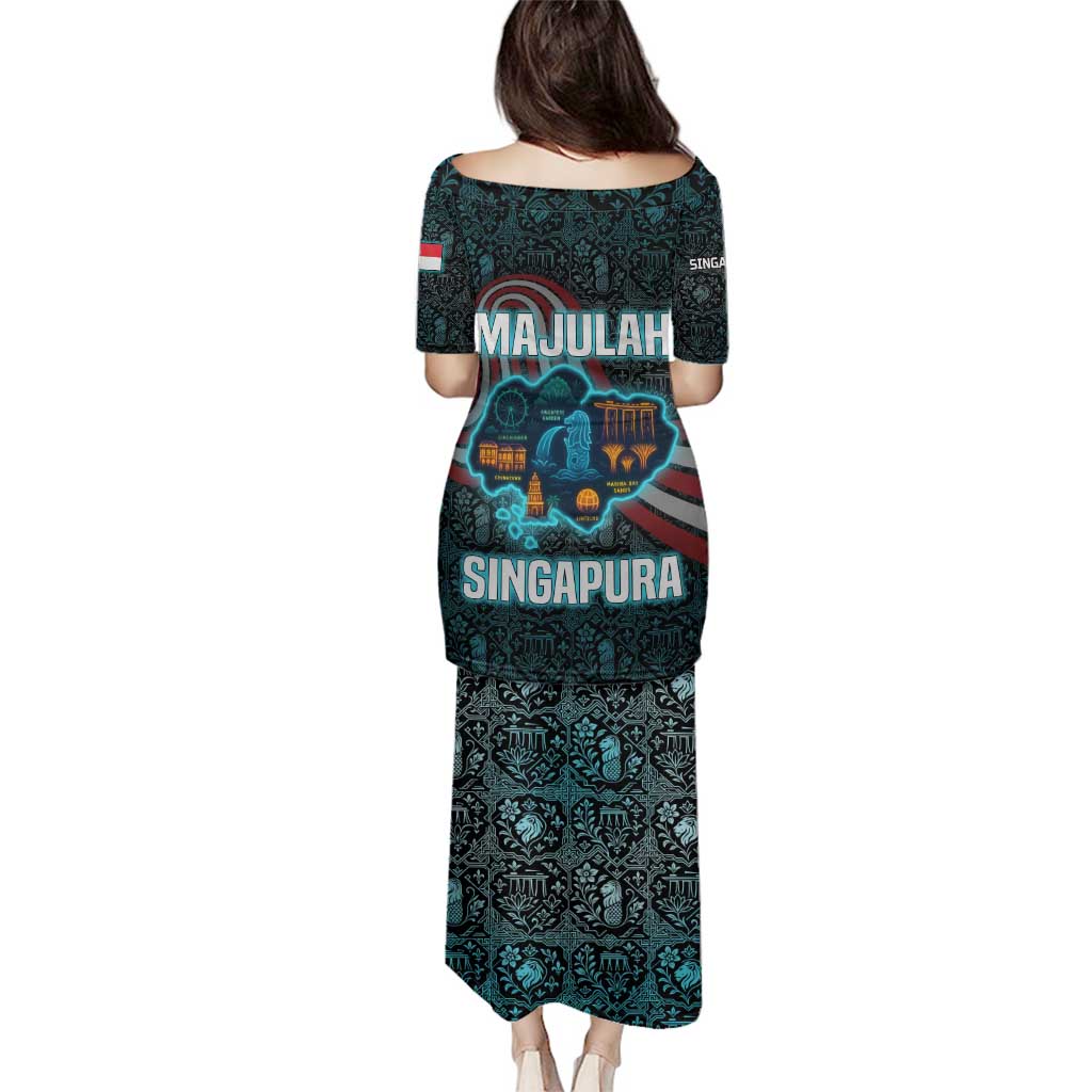 Singapore Family Matching Puletasi and Hawaiian Shirt with National Icons and Majulah Singapura Script