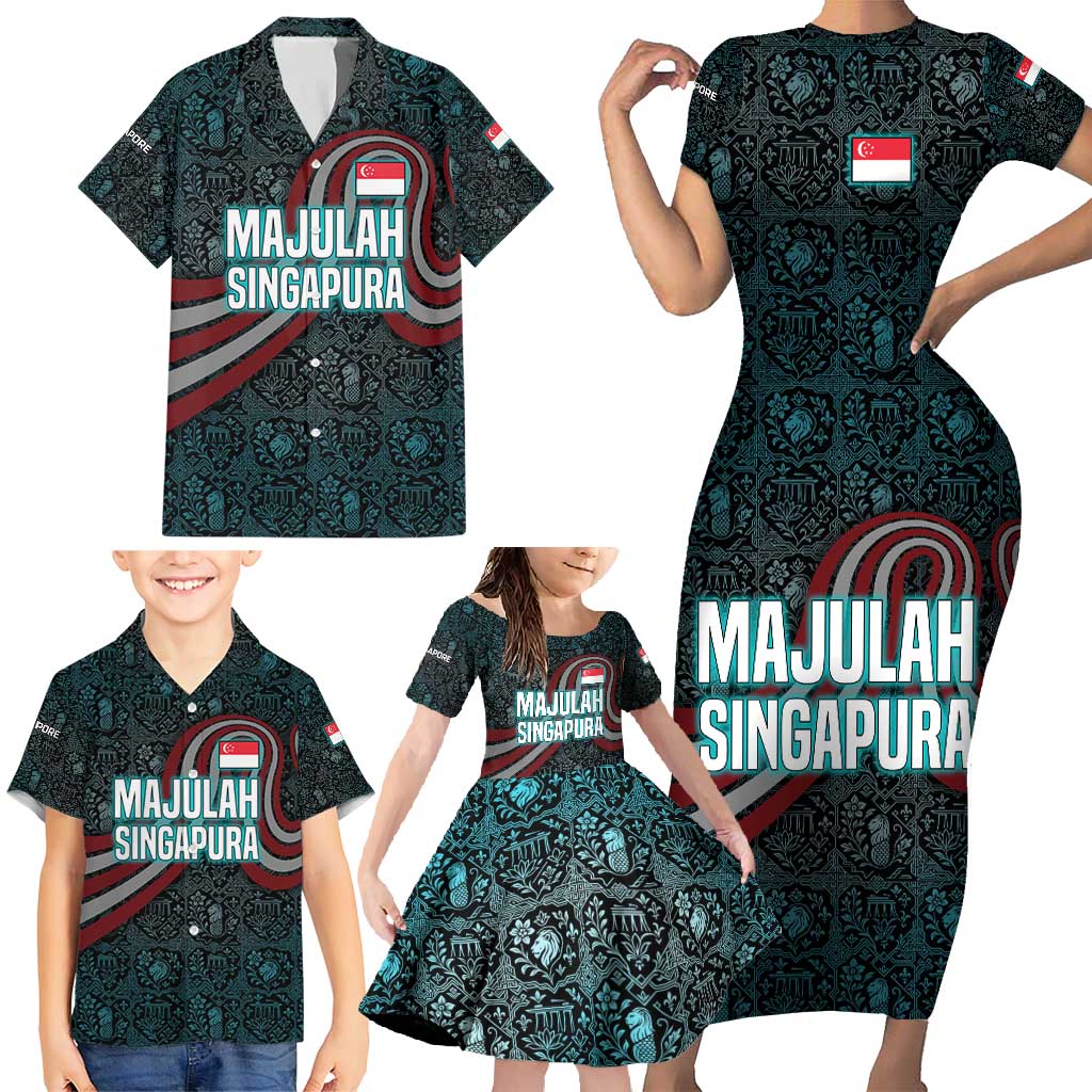 Singapore Family Matching Short Sleeve Bodycon Dress and Hawaiian Shirt with National Icons and Majulah Singapura Script