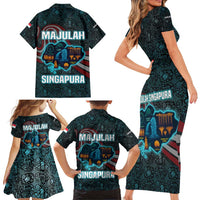Singapore Family Matching Short Sleeve Bodycon Dress and Hawaiian Shirt with National Icons and Majulah Singapura Script