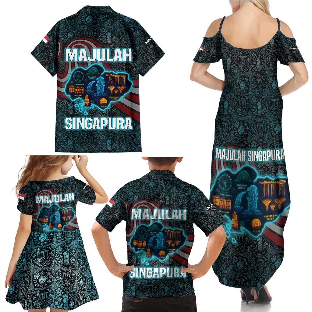 Singapore Family Matching Summer Maxi Dress and Hawaiian Shirt with National Icons and Majulah Singapura Script
