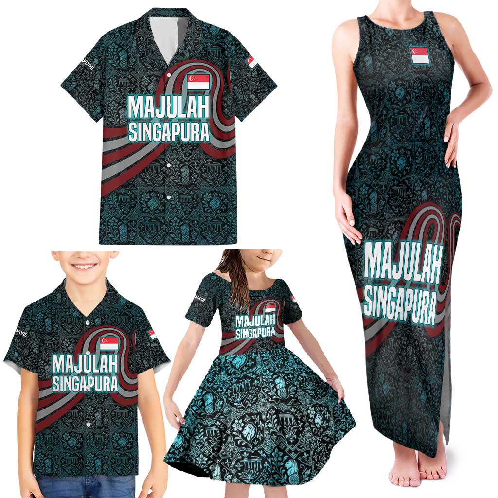 Singapore Family Matching Tank Maxi Dress and Hawaiian Shirt with National Icons and Majulah Singapura Script