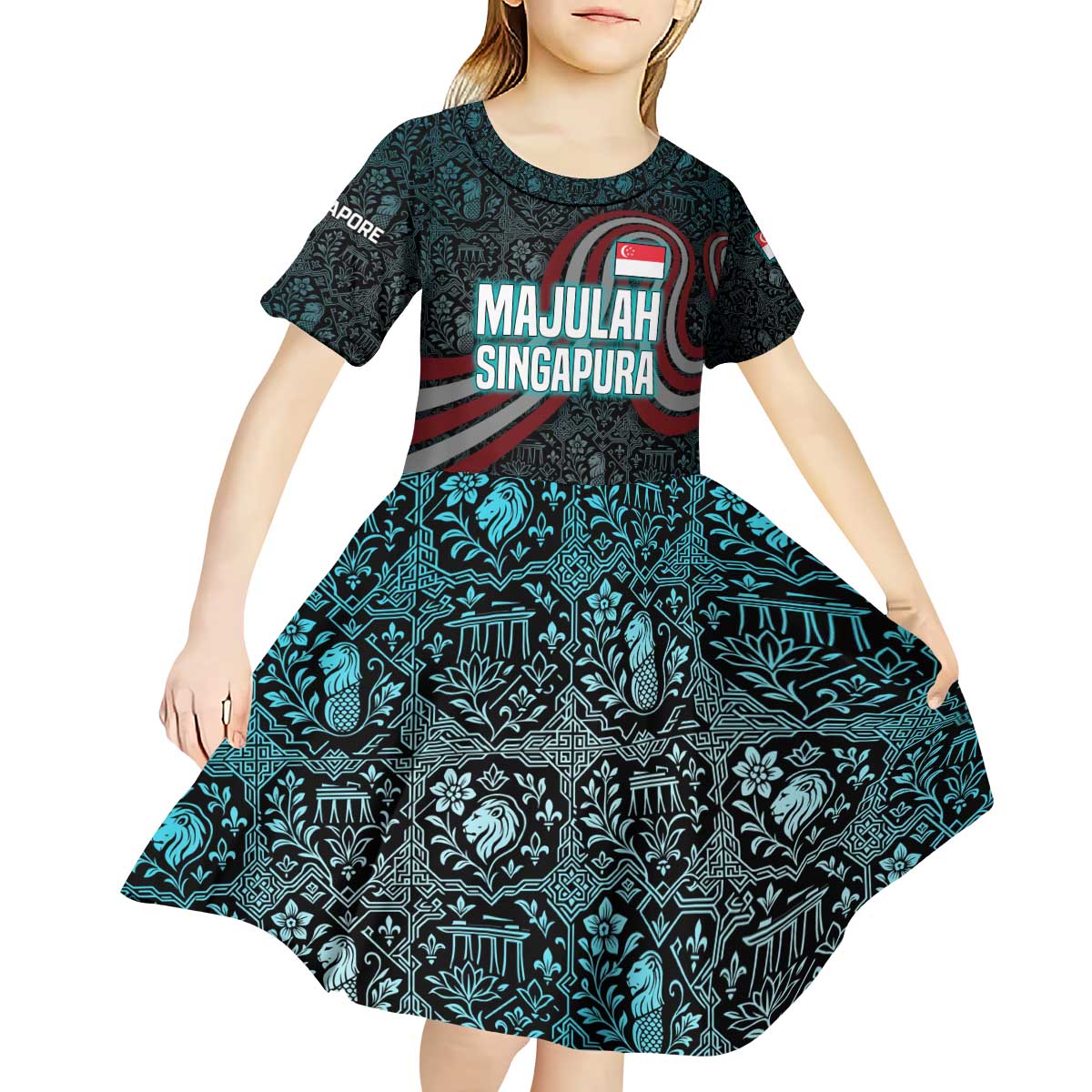 Singapore Kid Short Sleeve Dress with National Icons and Majulah Singapura Script