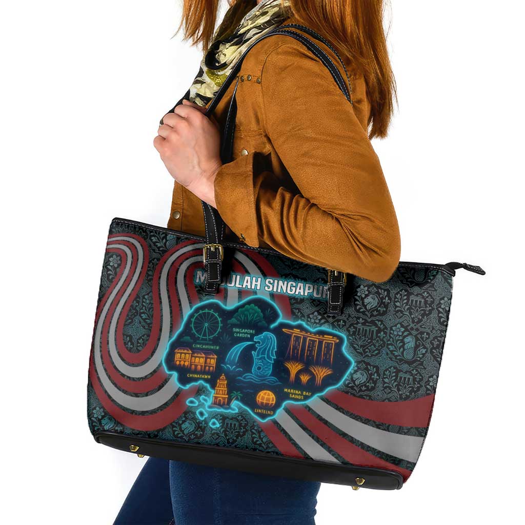 Singapore Leather Tote Bag with National Icons and Majulah Singapura Script
