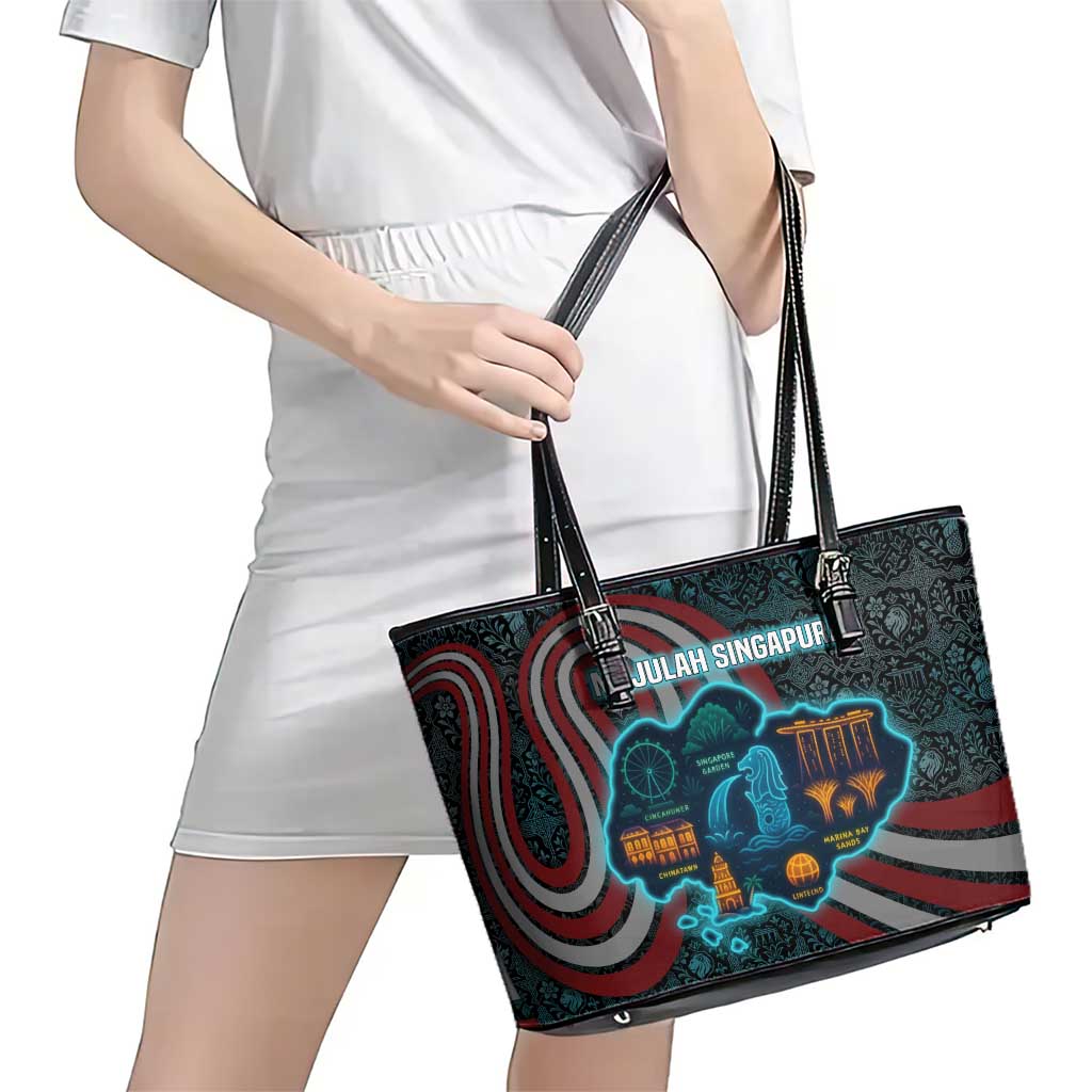 Singapore Leather Tote Bag with National Icons and Majulah Singapura Script