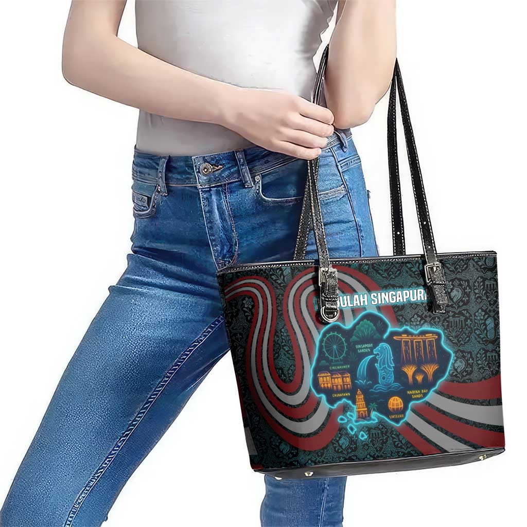 Singapore Leather Tote Bag with National Icons and Majulah Singapura Script
