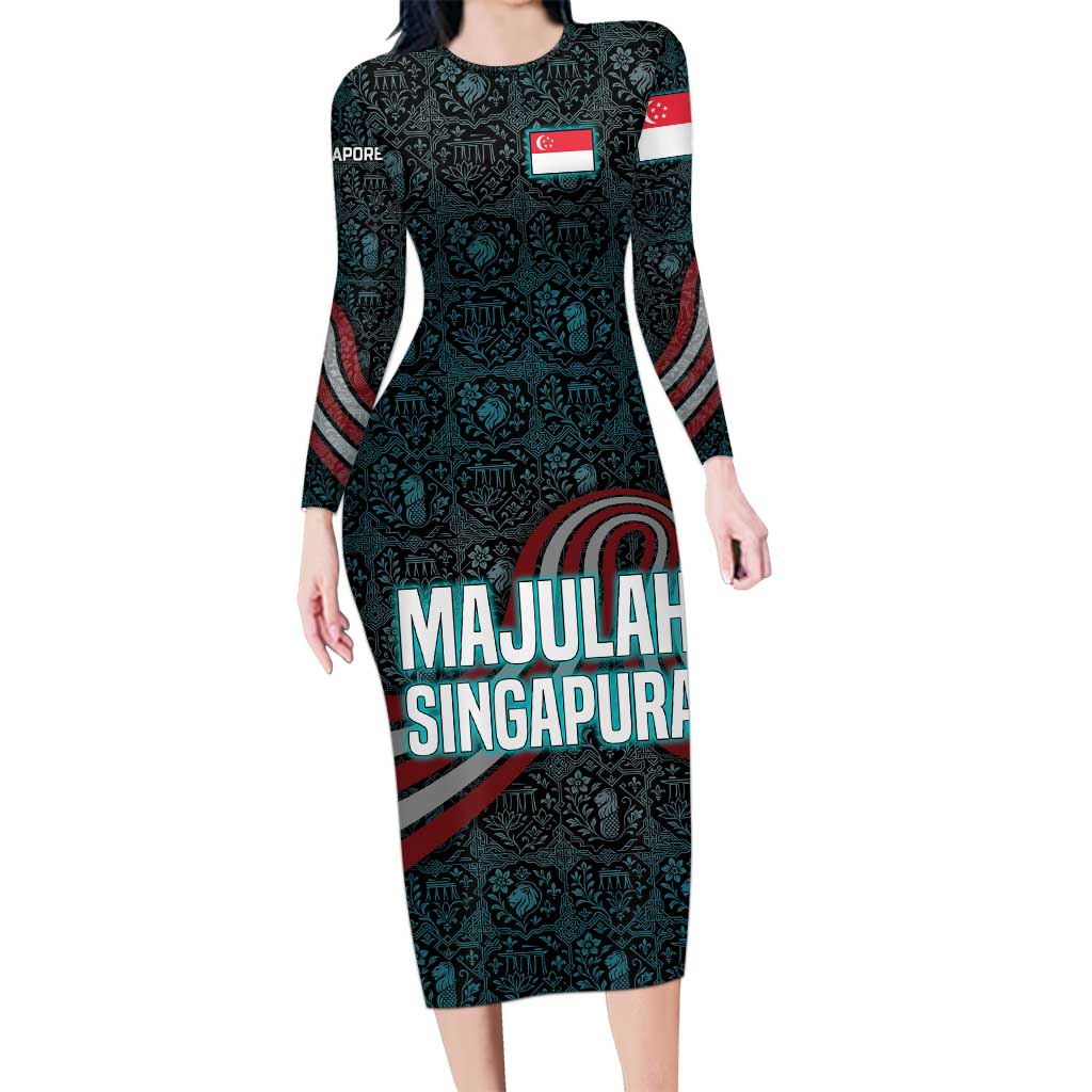 Singapore Long Sleeve Bodycon Dress with National Icons and Majulah Singapura Script