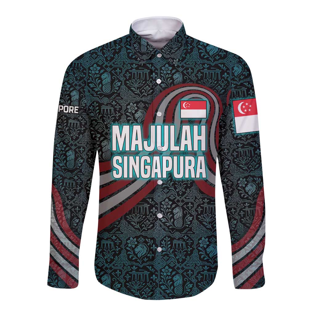 Singapore Long Sleeve Button Shirt with National Icons and Majulah Singapura Script