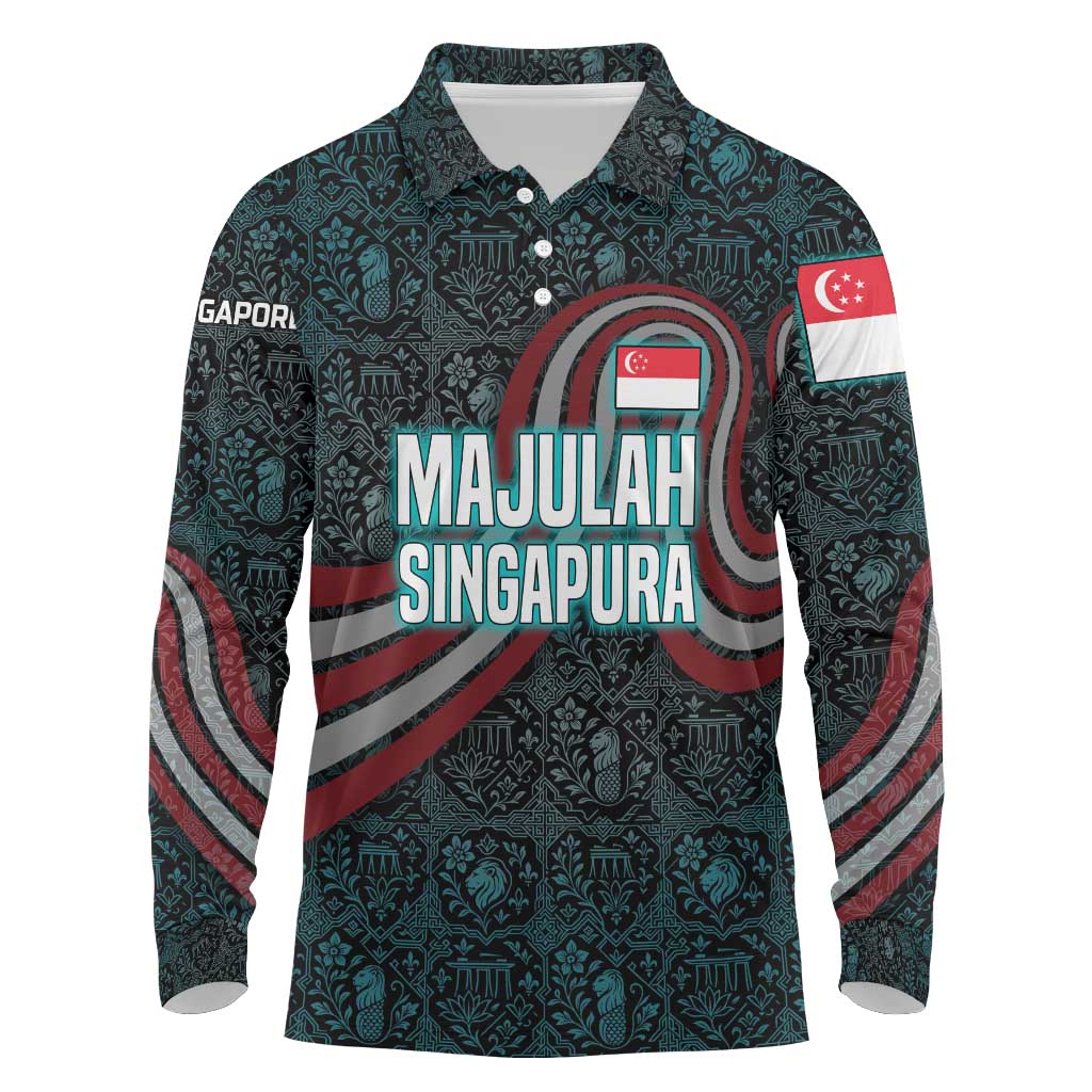 Singapore Long Sleeve Polo Shirt with National Icons and Majulah Singapura Script